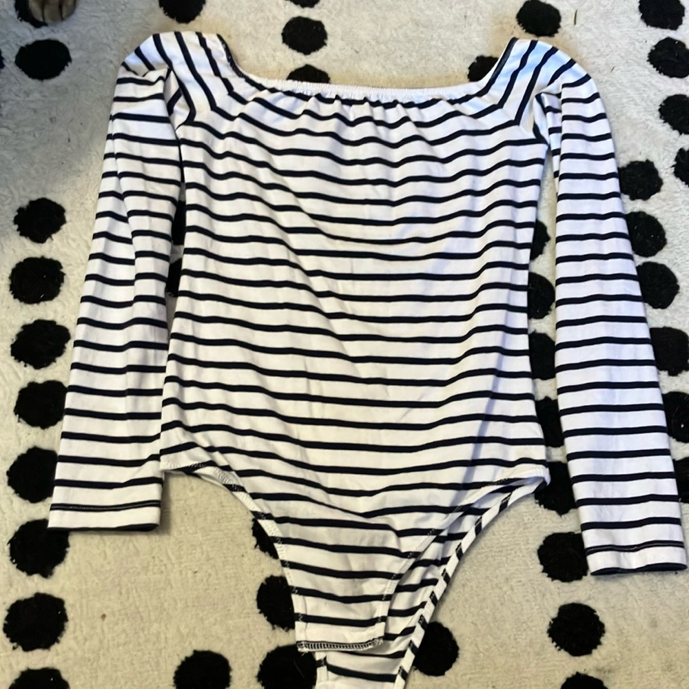 Striped off the shoulder leotard bodysuit